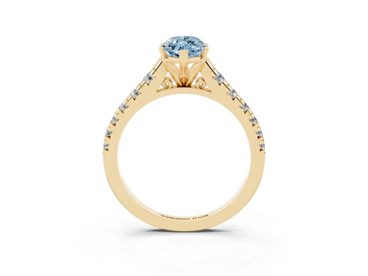 Fancy Blue Marquise Cut Diamond Cathedral Solitaire Ring with Round Pavé Band Yellow gold