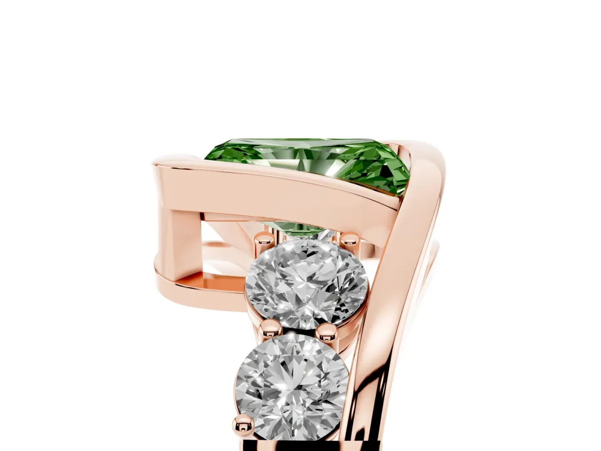 Fancy Green Bezel Set Radiant Cut Diamond Bypass Ring with Round Accents Rose gold