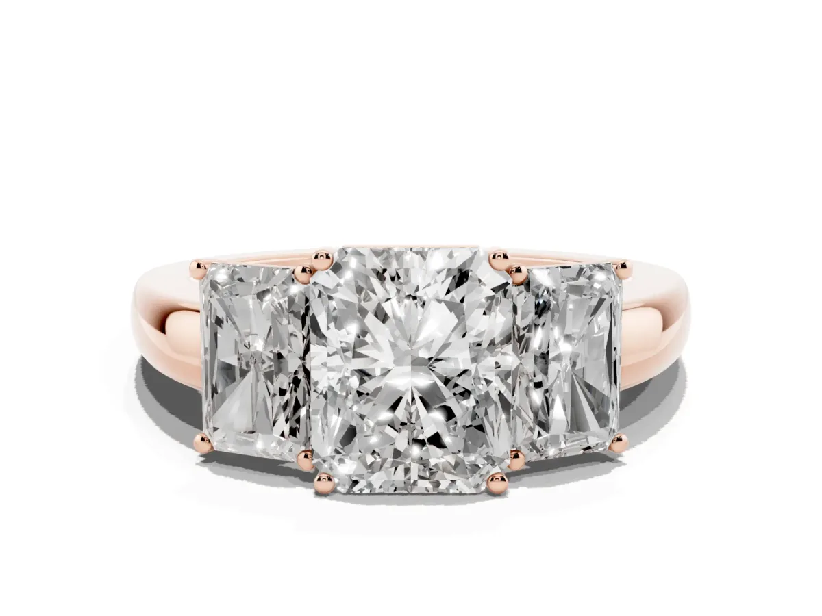 Radiant Cut Diamond Three-Stone Ring with Four-Prong Setting and Classic Band Rose gold