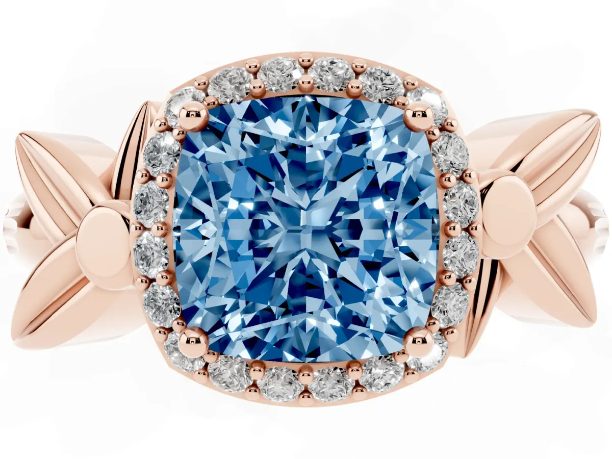 Fancy Blue Cushion Cut Halo Diamond Floral Band with Four-Prong Setting Rose gold