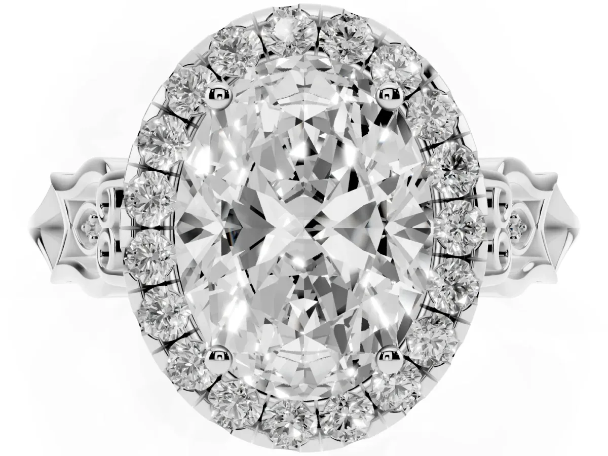 Oval Cut Halo Diamond Engagement Ring with Filigree Band and Four-Prong Setting White gold