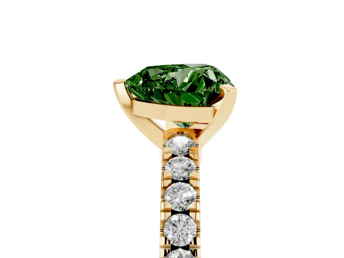 Fancy Green Heart Cut Solitaire Diamond with Pavé Band and Four-Prong Setting Yellow gold
