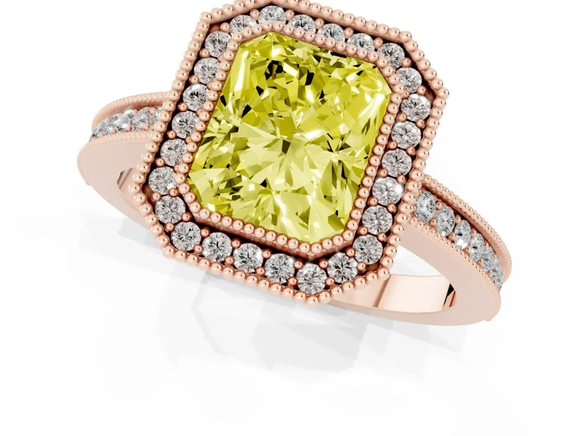 Fancy Yellow Radiant Cut Cut Halo Diamond Ring with Pavé Band and Milgrain Prong Setting Rose gold