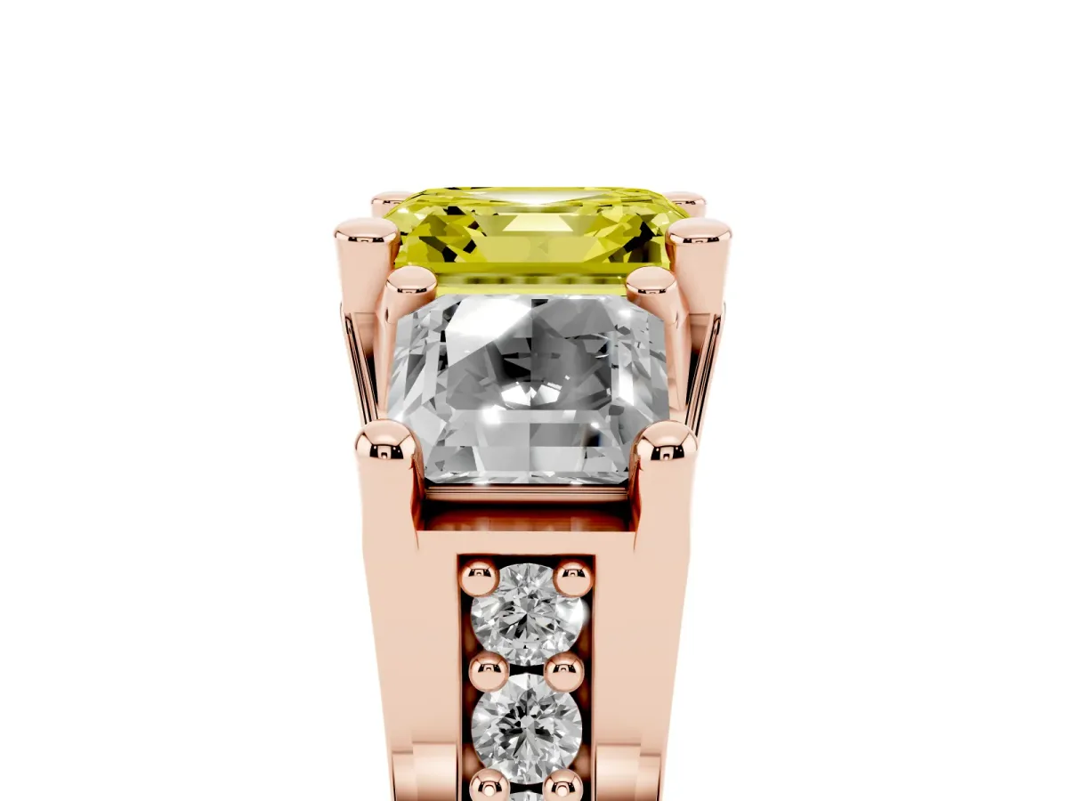 Fancy Yellow Asscher Cut Diamond Three-Stone Ring with Channel Set Band and Four-Prong Setting Rose gold
