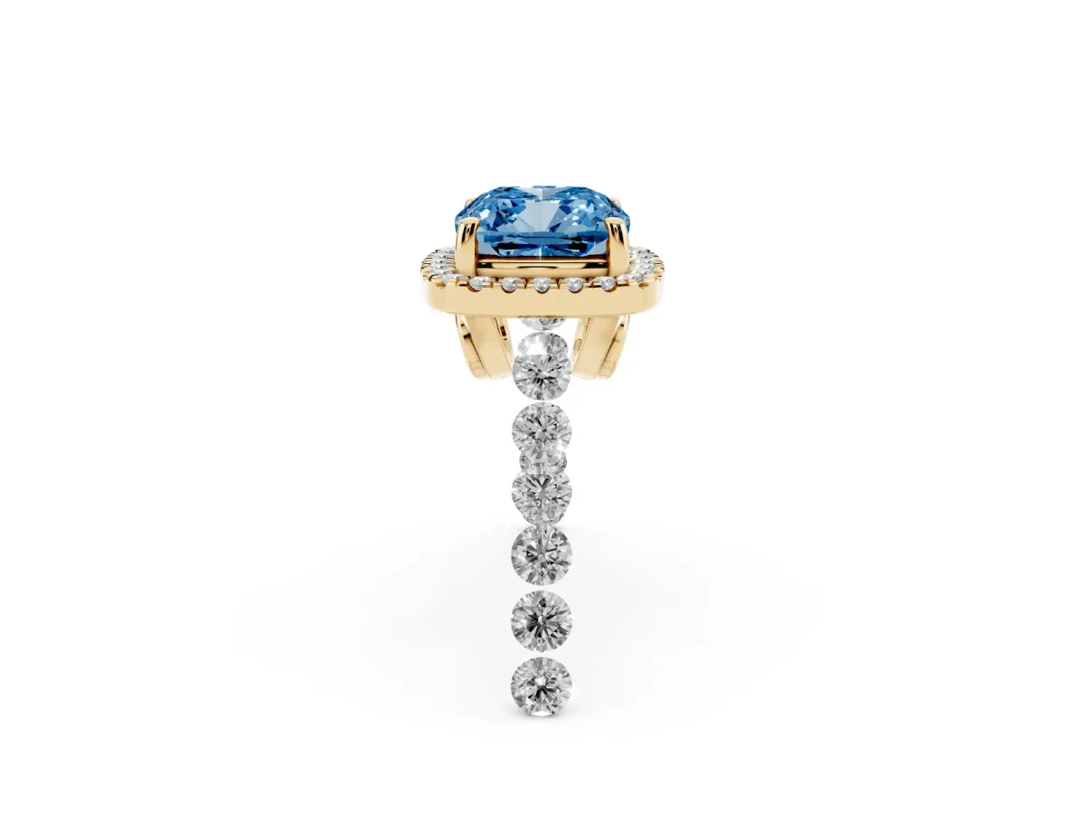 Fancy Blue Cushion Cut Halo Pavé Diamond Engagement Ring with Four-Prong Setting Yellow gold