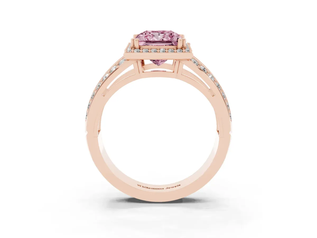 Fancy Pink Princess Cut Diamond Halo Ring with Split Shank Pavé Band and Four-Prong Setting Rose gold