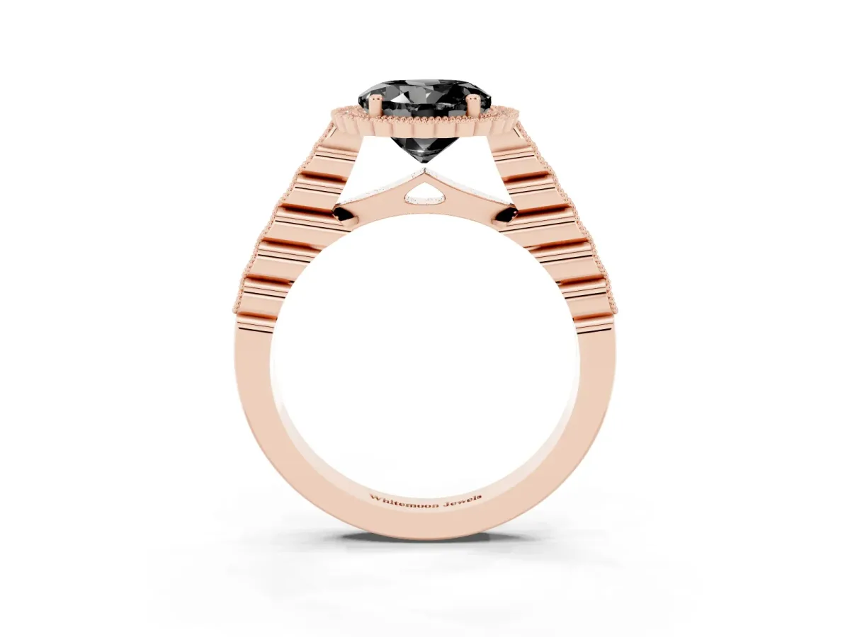 Fancy Black Round Cut Cut Halo Pavé Solitaire Ring with Milgrain Band Rose gold