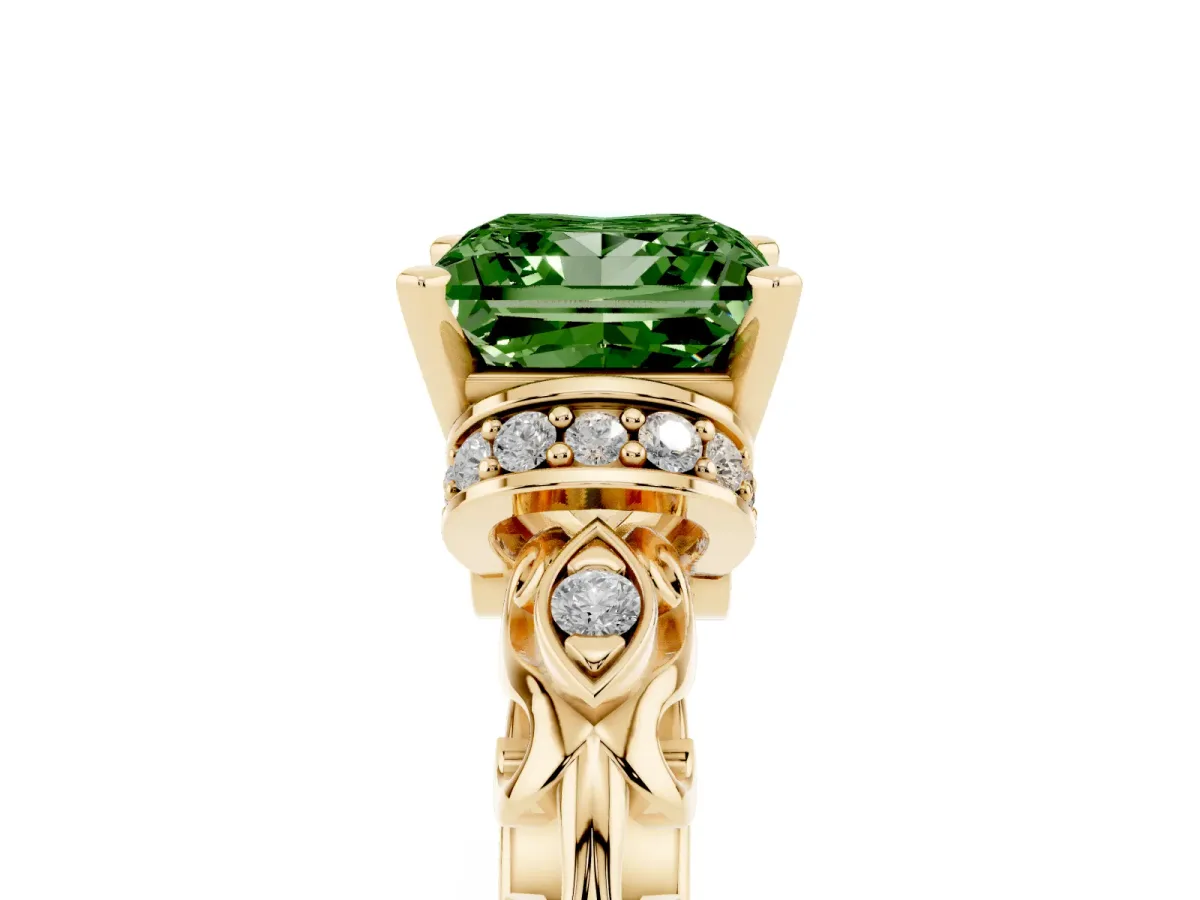 Fancy Green Princess Cut Diamond Solitaire Ring with Filigree Band and Four-Prong Setting Yellow gold