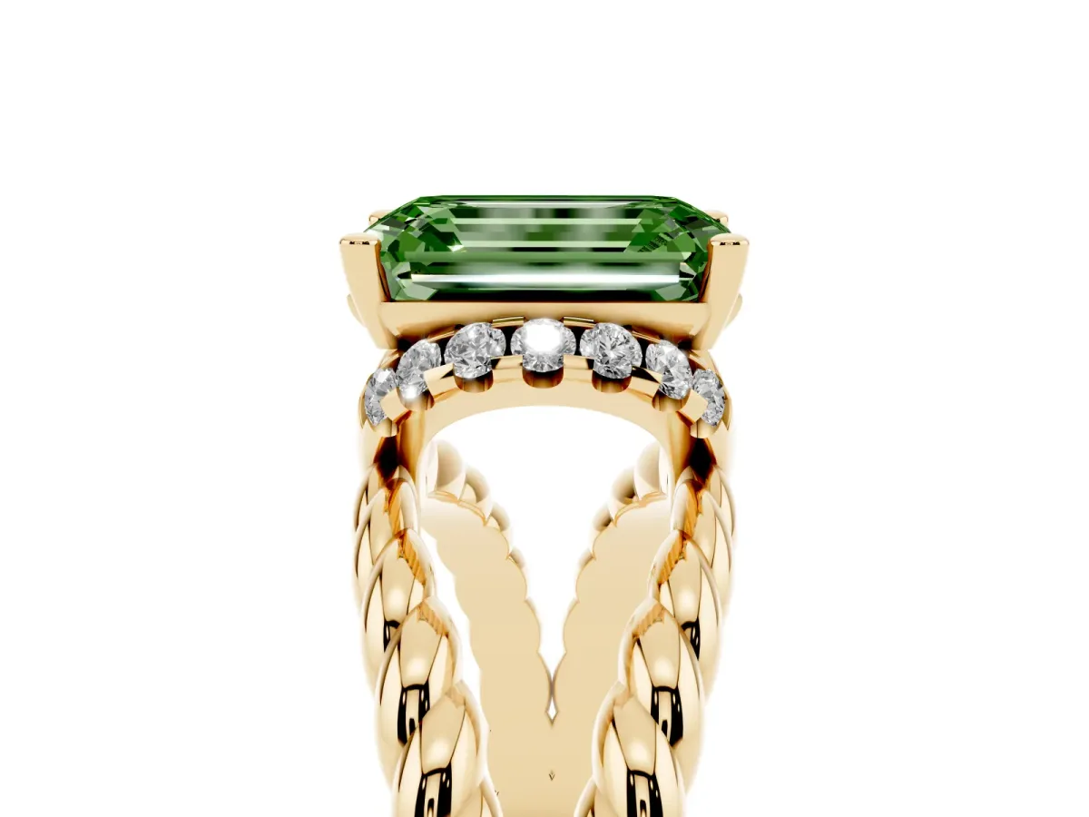 Fancy Green Emerald Cut Halo Twisted Band Four-Prong Ring Yellow gold