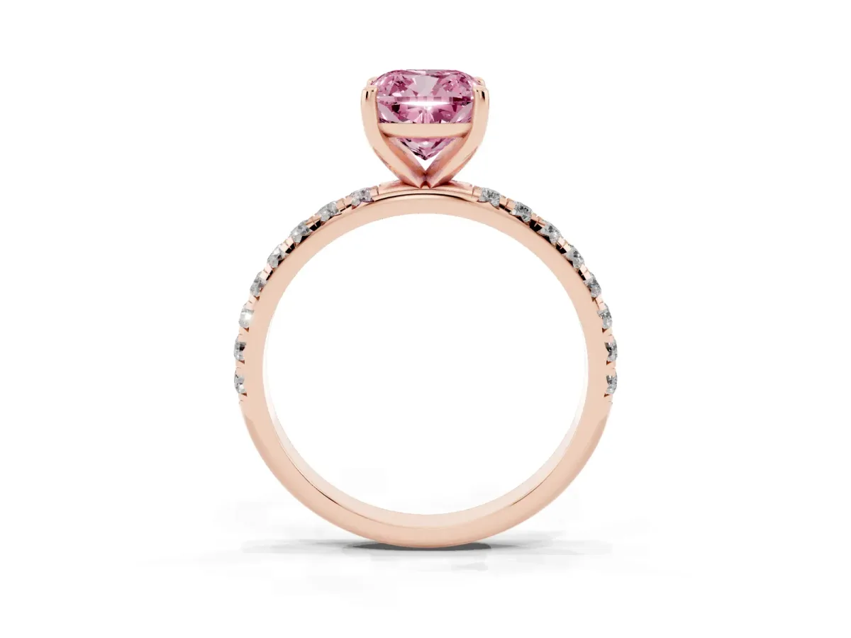 Fancy Pink Cushion Cut Cut Diamond Solitaire Ring with Micro Pave Band and Four Prong Setting Rose gold
