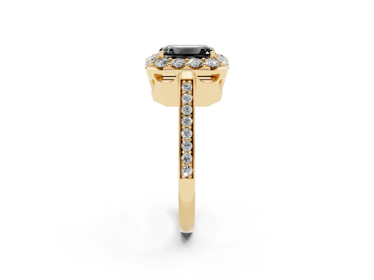 Fancy Black Emerald Cut Diamond Floral Halo Ring with Pavé Band and Prong Setting Yellow gold