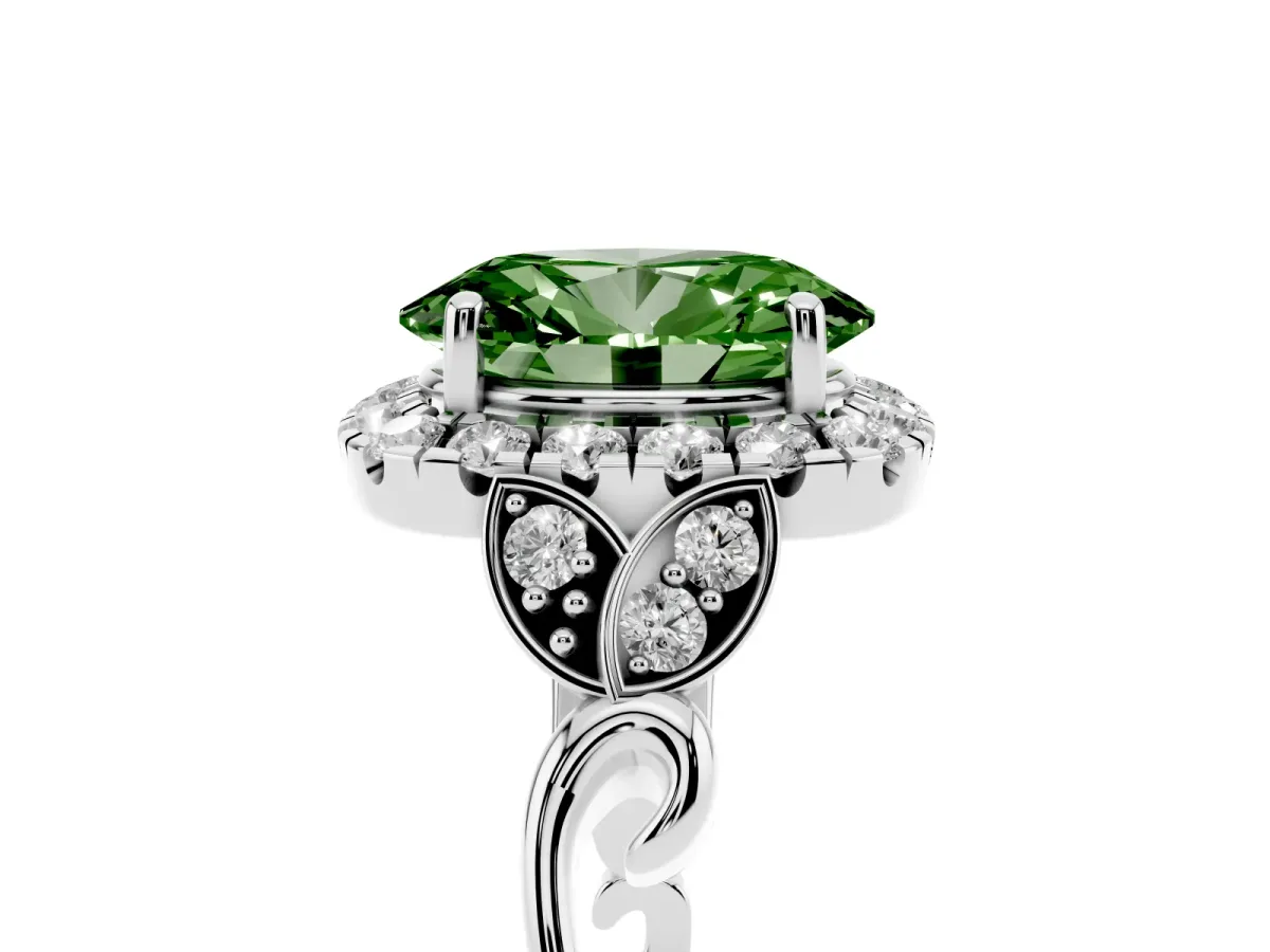 Fancy Green Oval Cut Halo Diamond Engagement Ring with Vintage-Inspired Band and Four-Prong Setting Platinum