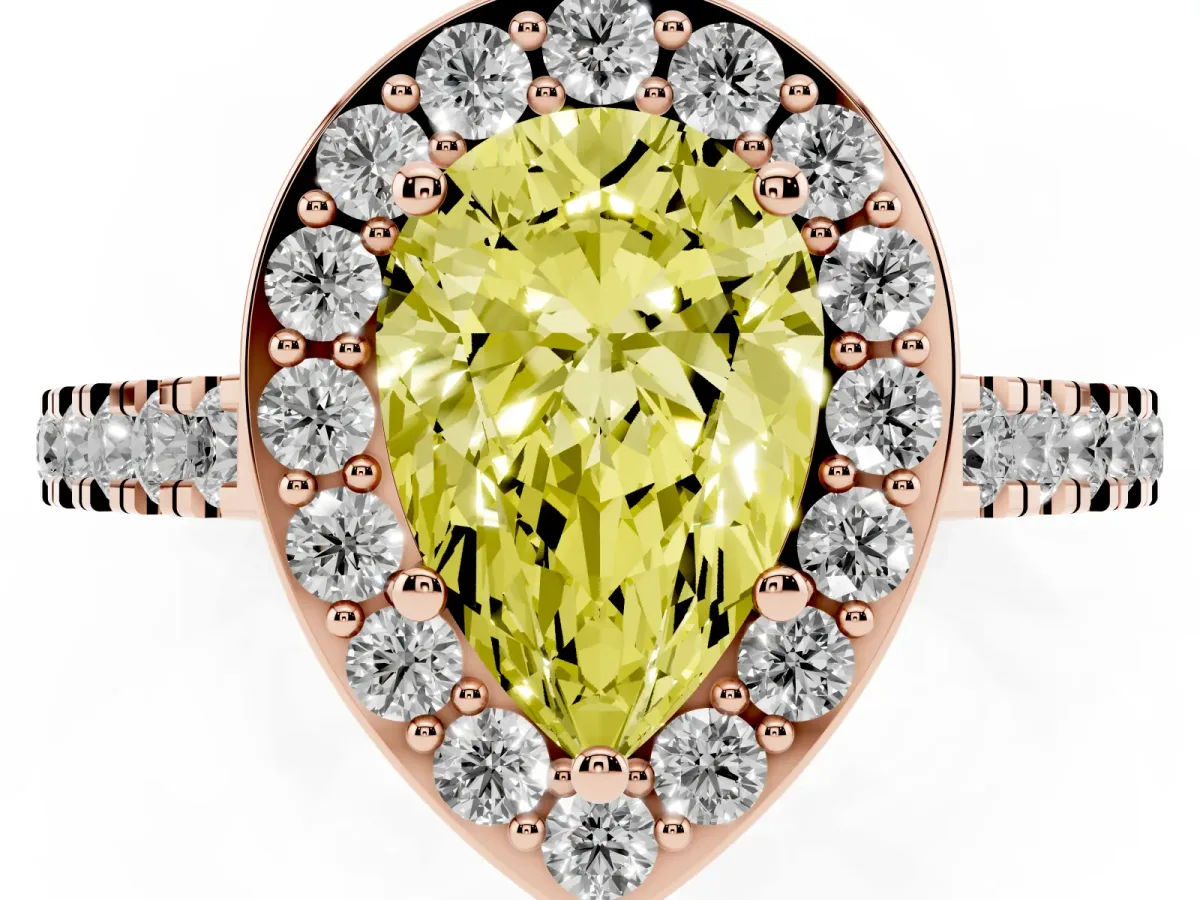 Fancy Yellow Pear Cut Diamond Halo Ring with Round Pavé Split Shank and Prong Setting Rose gold