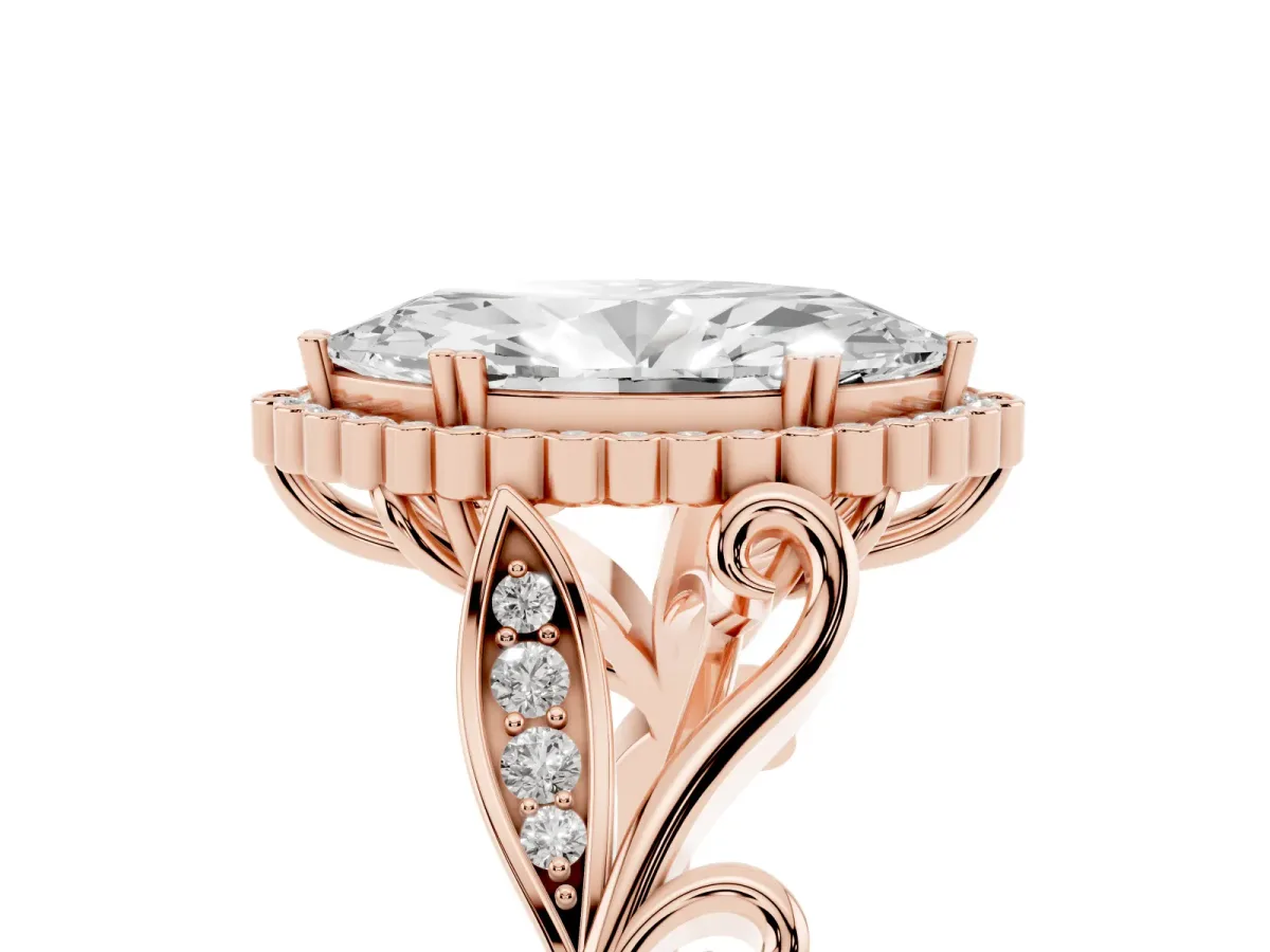 Marquise Cut Diamond Halo Ring with Vintage Split Shank and Four-Prong Setting Rose gold