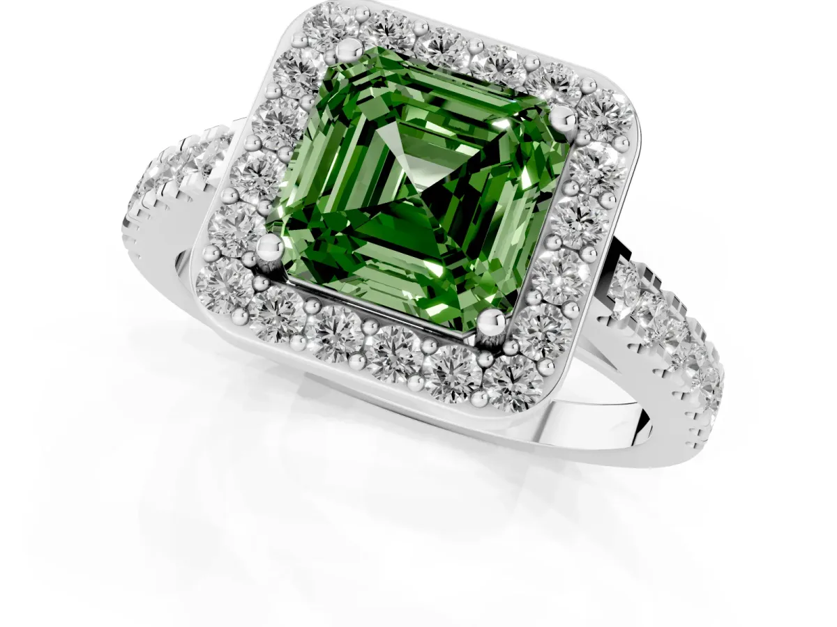 Fancy Green Asscher Cut Diamond Halo Ring with Round Pavé Split Shank and Prong Setting Silver