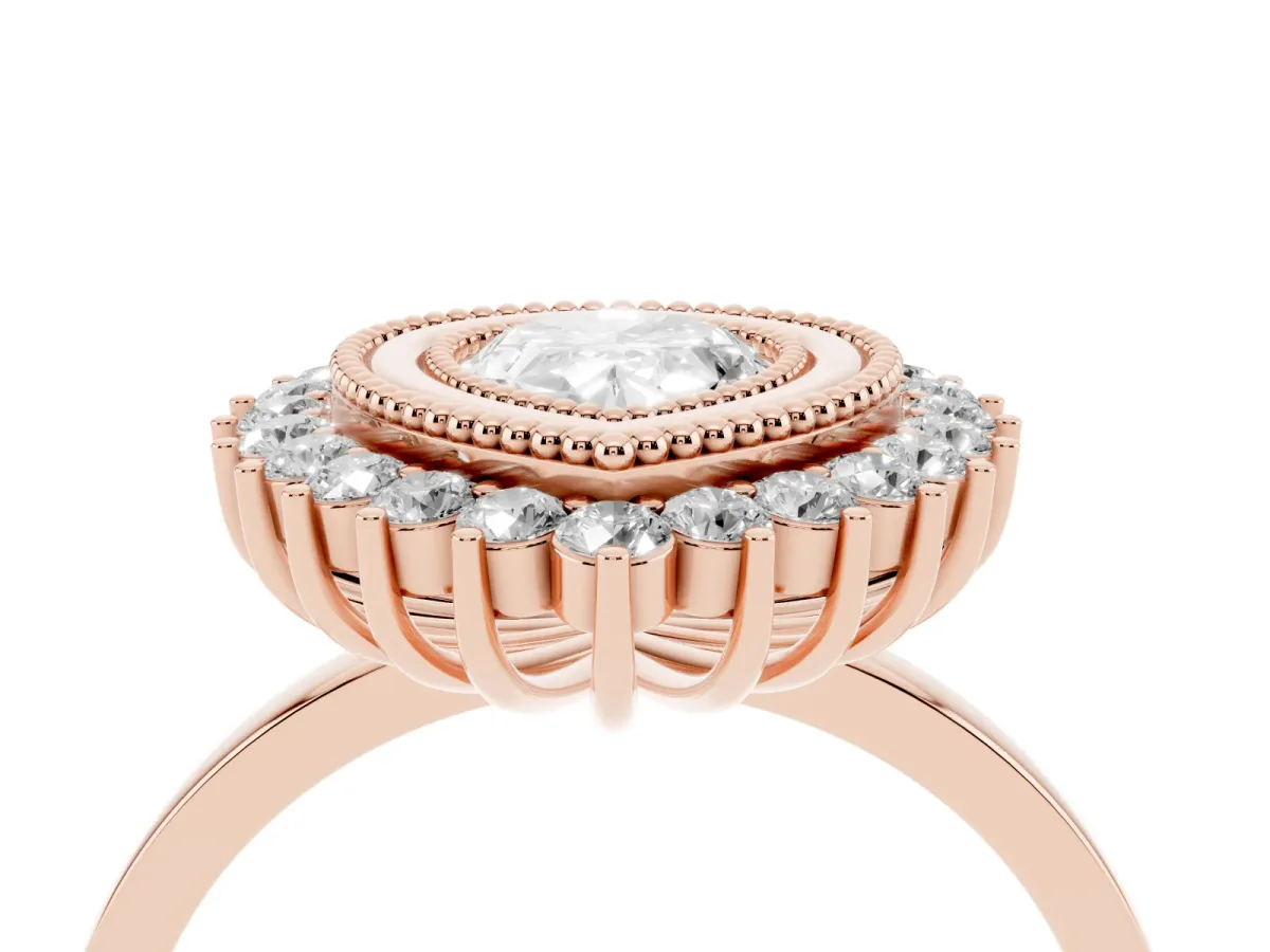 Pear Cut Halo Diamond Ring with Milgrain Edge and Round Prong Setting Rose gold