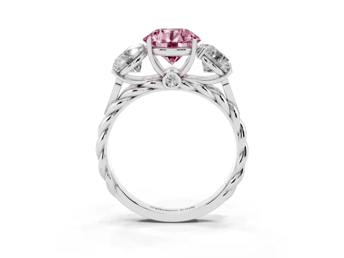 Fancy Pink Three-Stone Round Cut Diamond Braided Band Ring with Four-Prong Setting Platinum
