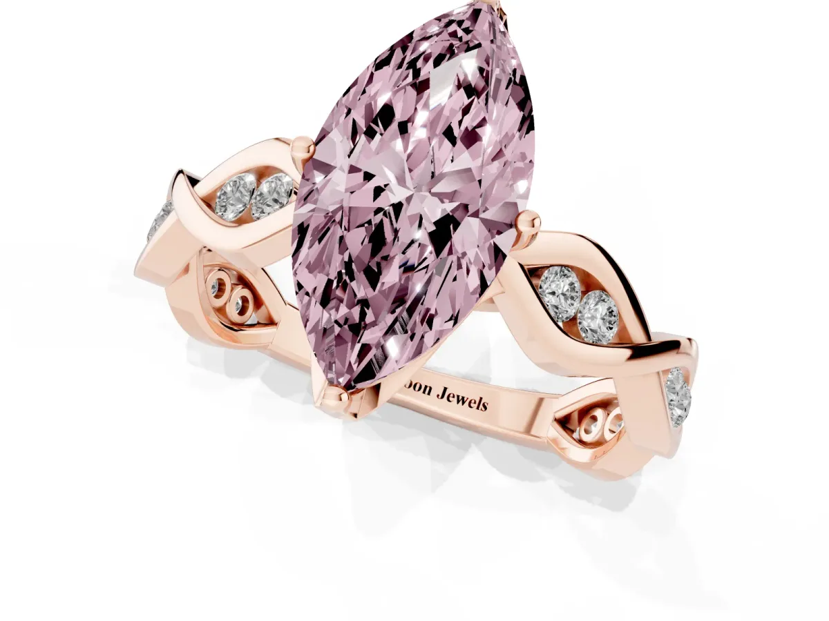Fancy Pink Marquise Cut Solitaire Twist Band with Leaf Prong Setting Rose gold