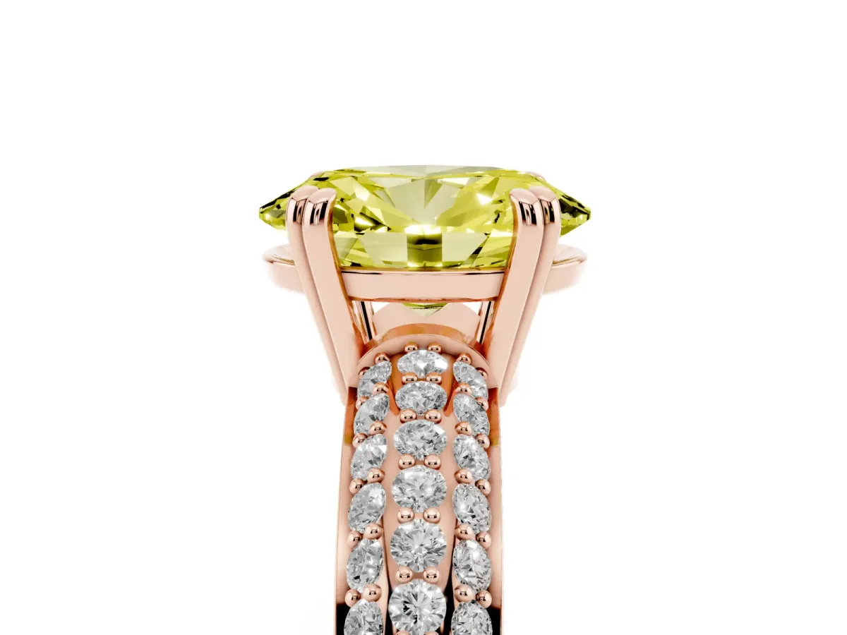 Fancy Yellow Oval Cut Diamond Solitaire Ring with Multi-Row Round Pavé Band and Prong Setting Rose gold