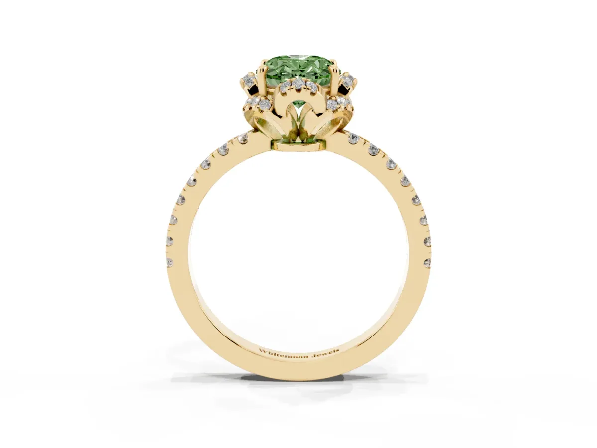 Fancy Green Oval Cut Halo Diamond Pave Band Ring with Four-Prong Setting Yellow gold