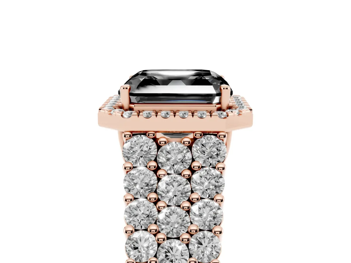 Fancy Black Asscher Cut Diamond Halo Engagement Ring with Triple Row Round Pavé Band and Prong Setting Rose gold