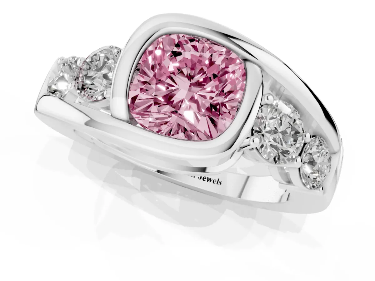 Fancy Pink Bezel Set Cushion Cut Diamond Bypass Ring with Round Accents Platinum