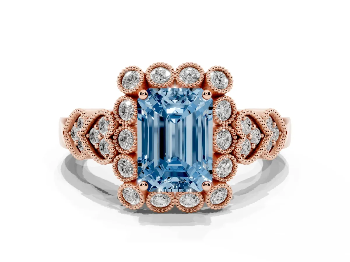 Fancy Blue Emerald Cut Brilliant Milgrain Pave Heart Band Solitaire Ring Rose gold
