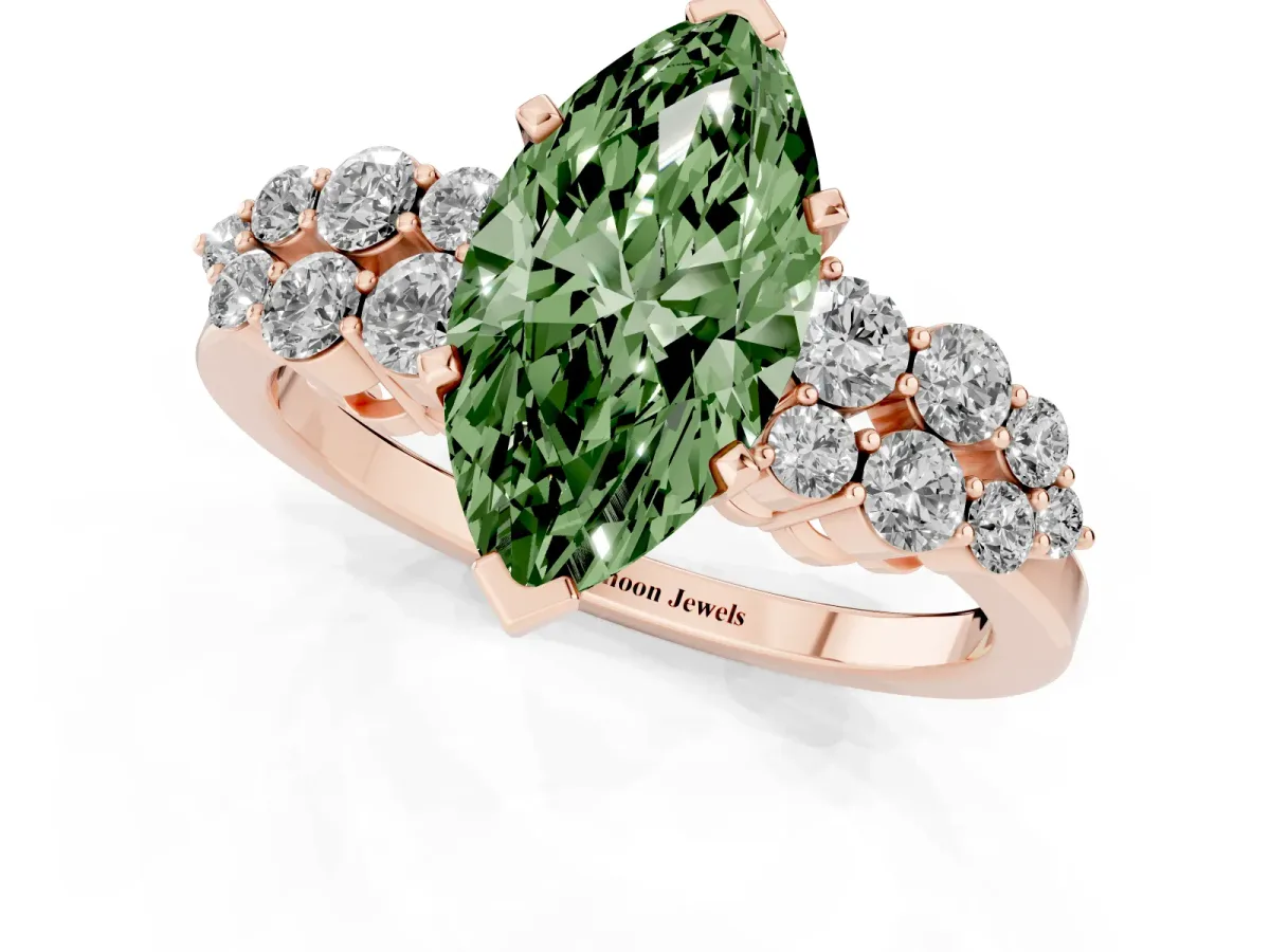 Fancy Green Marquise Cut Cluster Diamond Engagement Ring with Pavé Band and Four-Prong Setting Rose gold