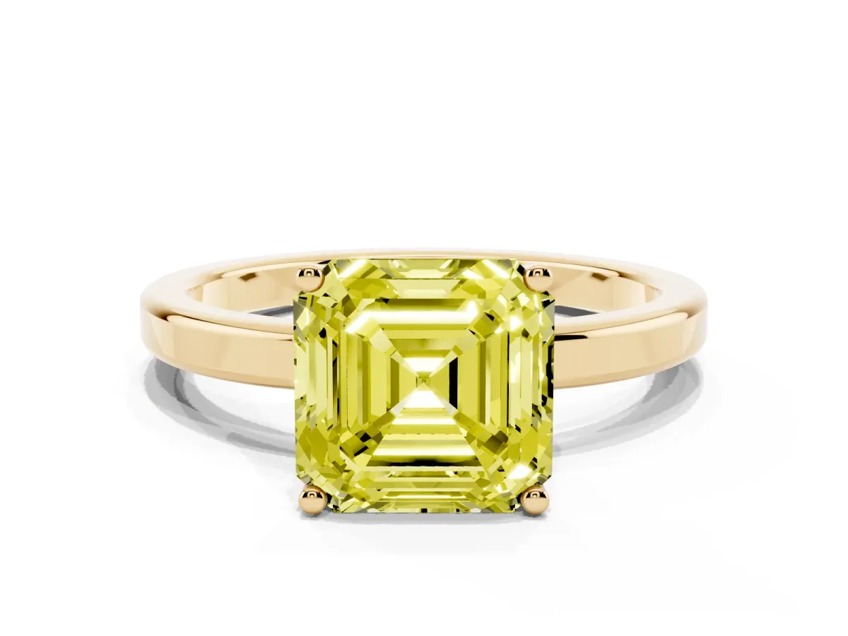 Fancy Yellow Asscher Cut Cut Solitaire Engagement Ring with Four-Prong Setting on a Classic Band Yellow gold
