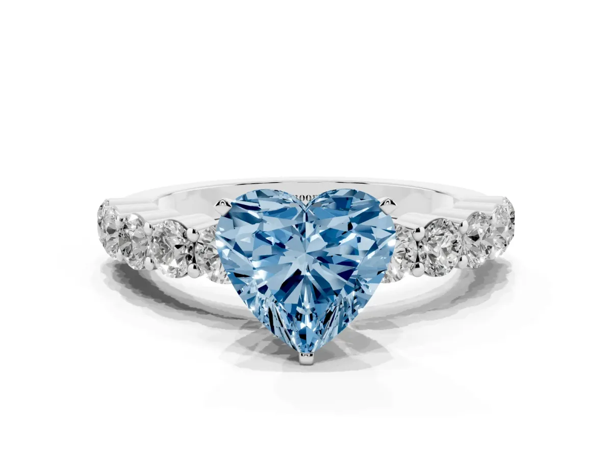 Fancy Blue Heart Cut Diamond Solitaire Ring with Shared Prong Round Side Stones White gold