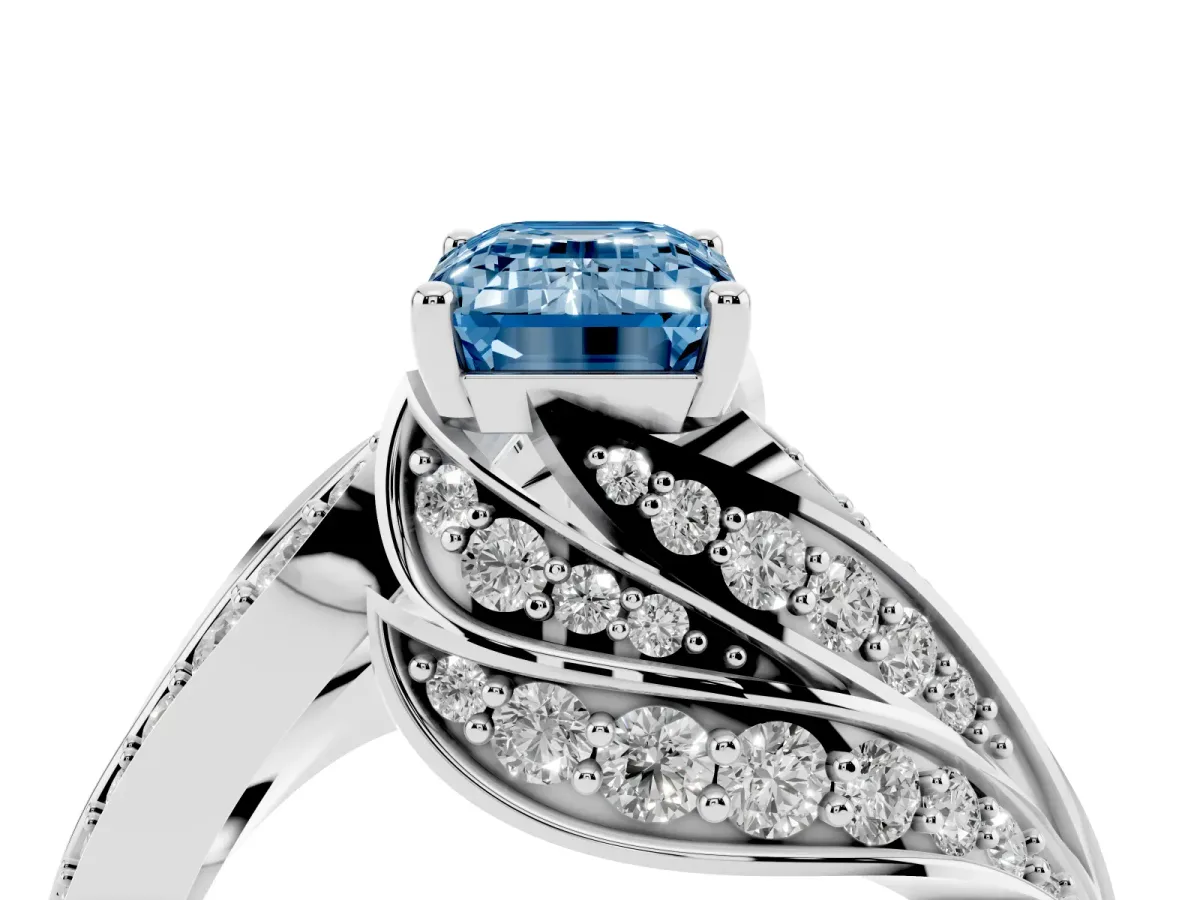 Fancy Blue Emerald Cut Diamond Solitaire Ring with Prong Setting and Twisted Pavé Band Platinum