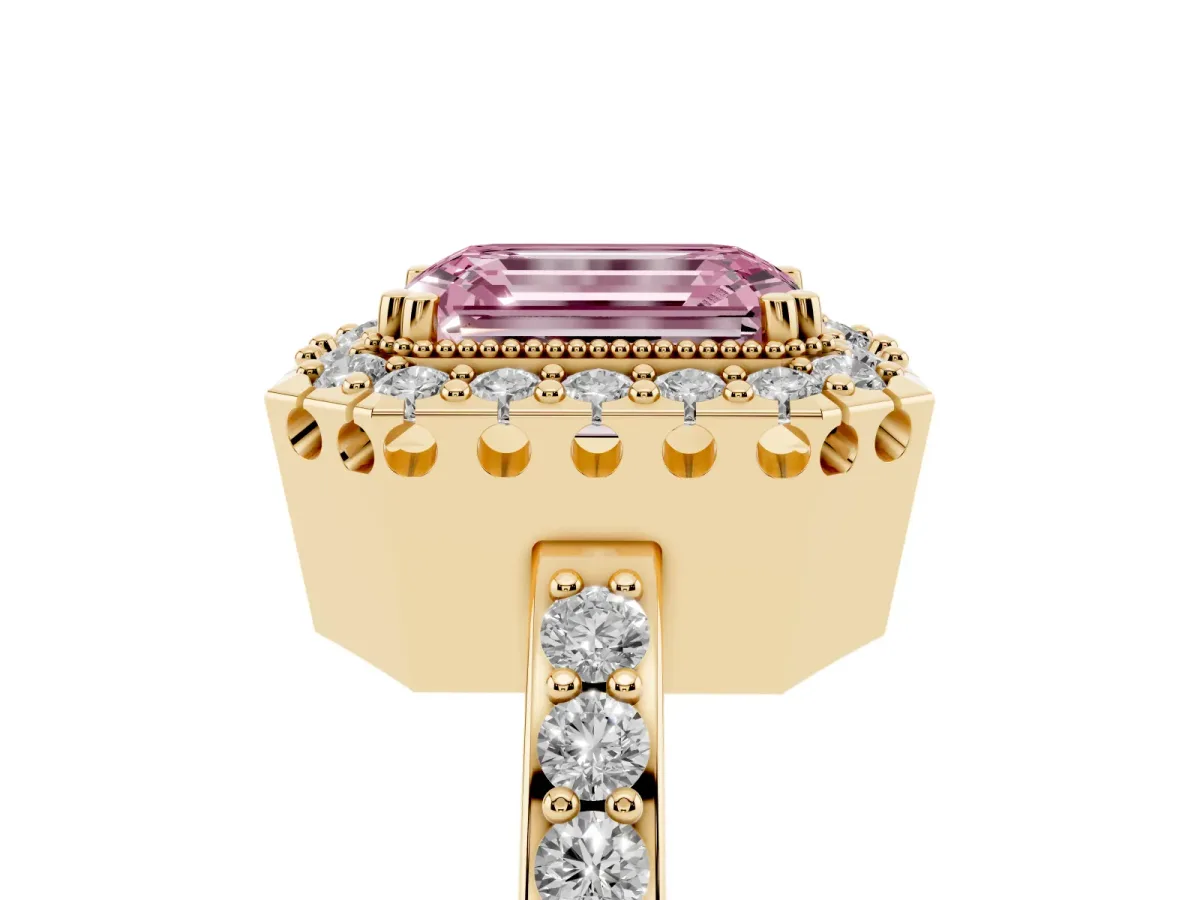 Fancy Pink Emerald Cut Diamond Halo Ring with Pavé Band and Prong Setting Yellow gold