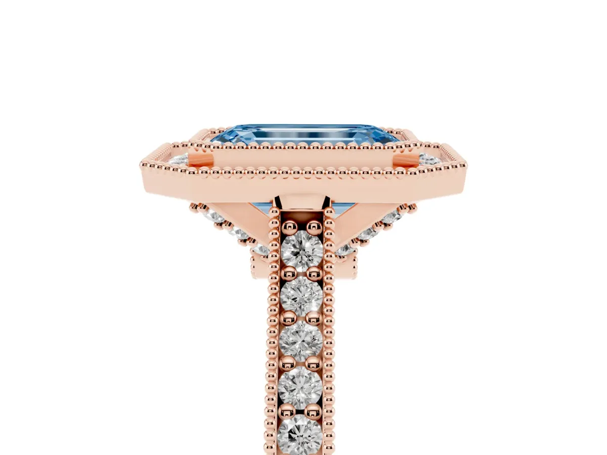 Fancy Blue Halo Emerald Cut-Cut Diamond Pave Band Milgrain Prong Setting Ring Rose gold