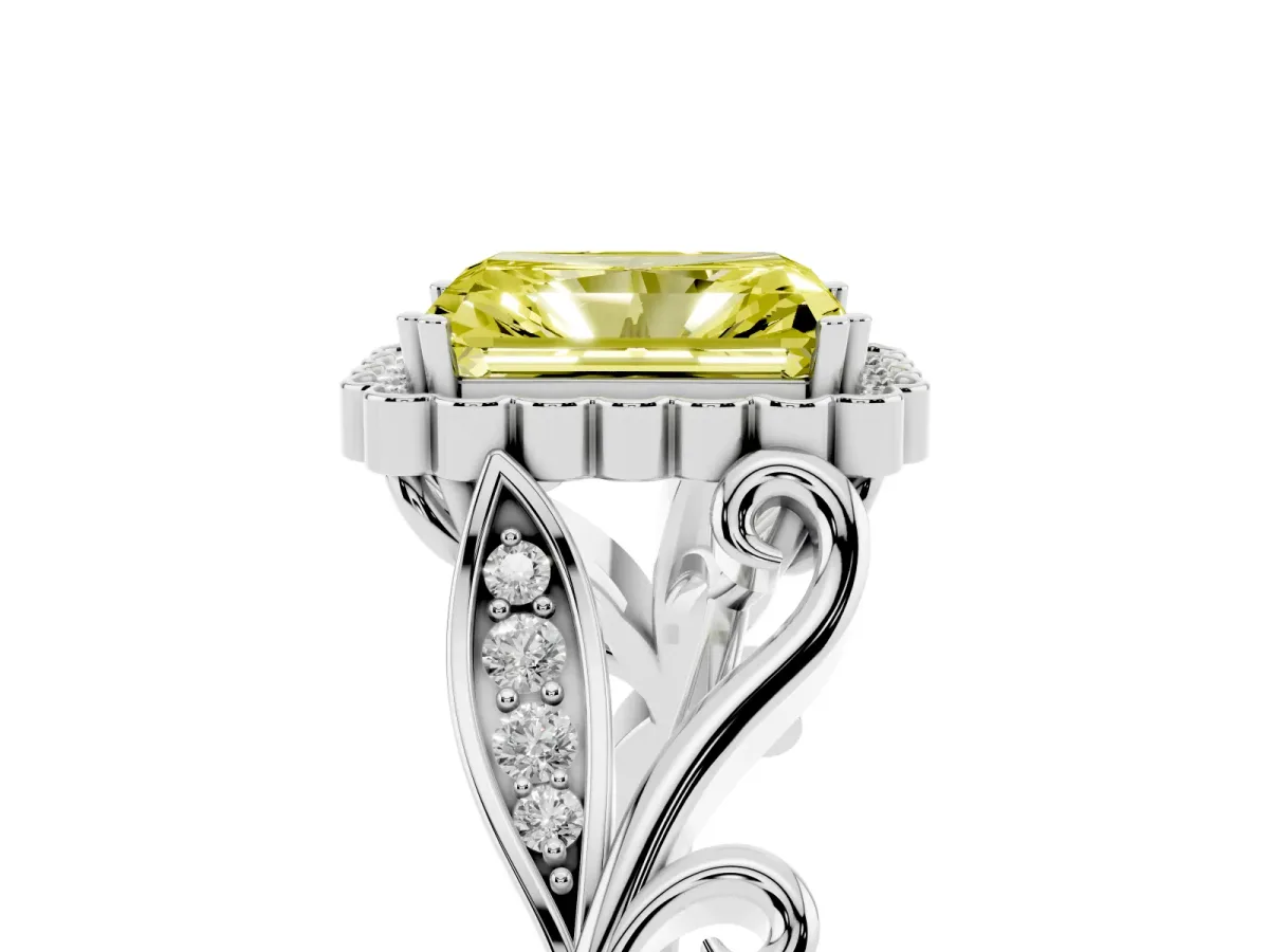 Fancy Yellow Radiant Cut Diamond Halo Ring with Vintage Split Shank and Four-Prong Setting Silver