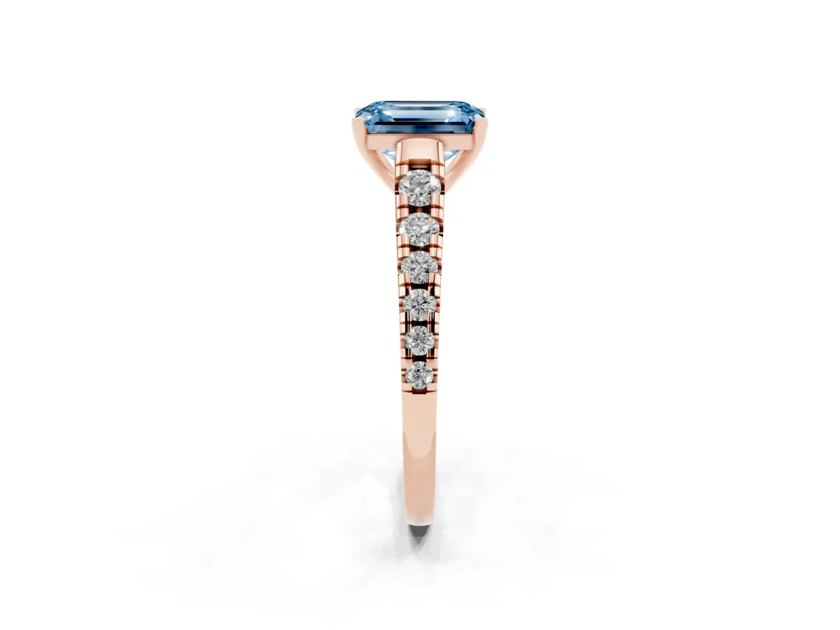 Fancy Blue Emerald Cut Diamond Cathedral Solitaire Ring with Round Pavé Band Rose gold