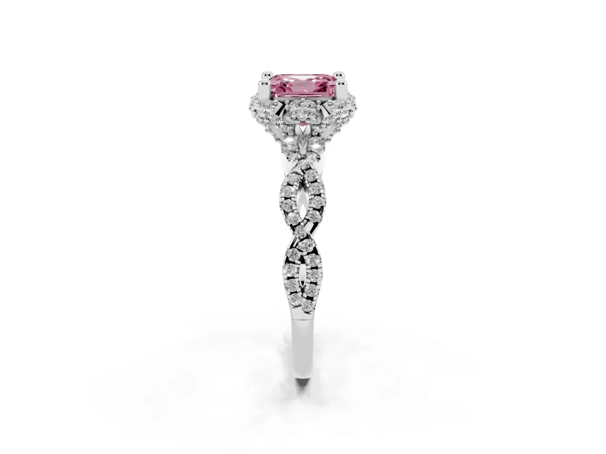 Fancy Pink Asscher Cut Halo Twist Band Solitaire Ring with Six-Prong Setting Silver