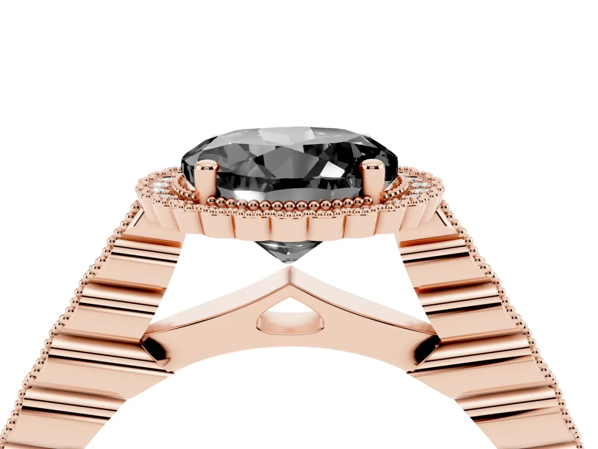 Fancy Black Round Cut Cut Halo Pavé Solitaire Ring with Milgrain Band Rose gold
