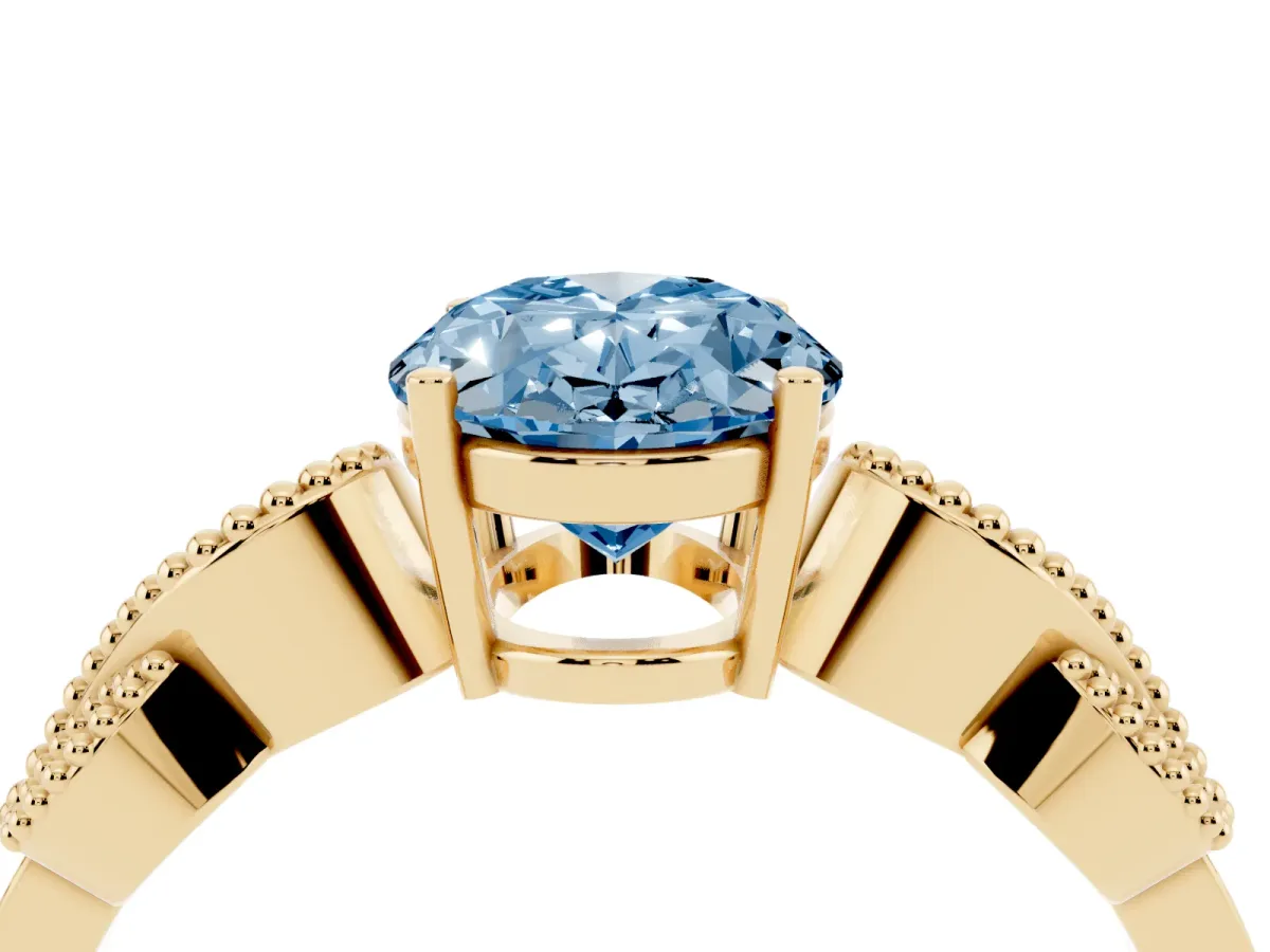 Fancy Blue Oval Cut Solitaire Milgrain Leaf Band with Prong Setting Yellow gold