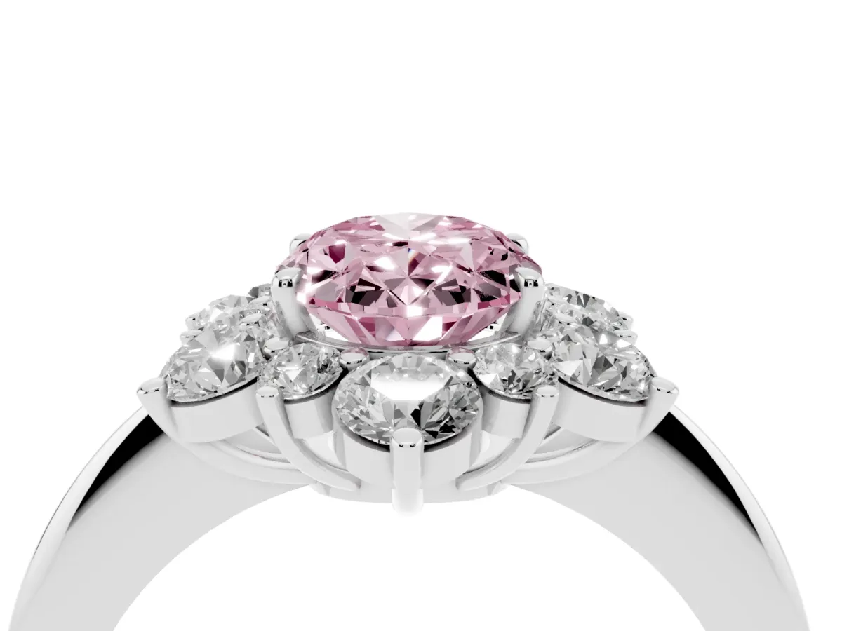 Fancy Pink Oval Cut Diamond Cluster Halo Ring with Solitaire Band and Four-Prong Setting Silver