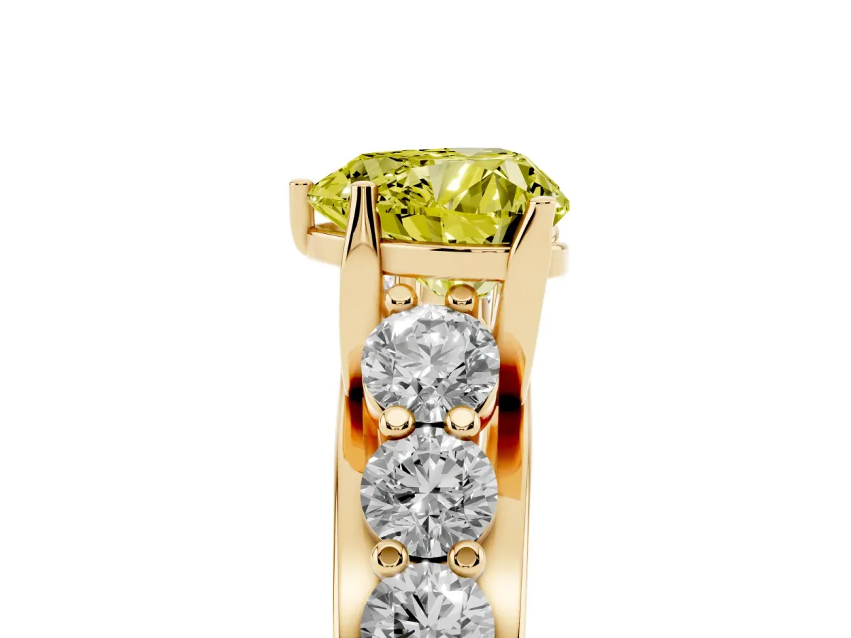 Fancy Yellow Heart Cut Diamond Engagement Ring with Pavé Band and Four-Prong Setting Yellow gold
