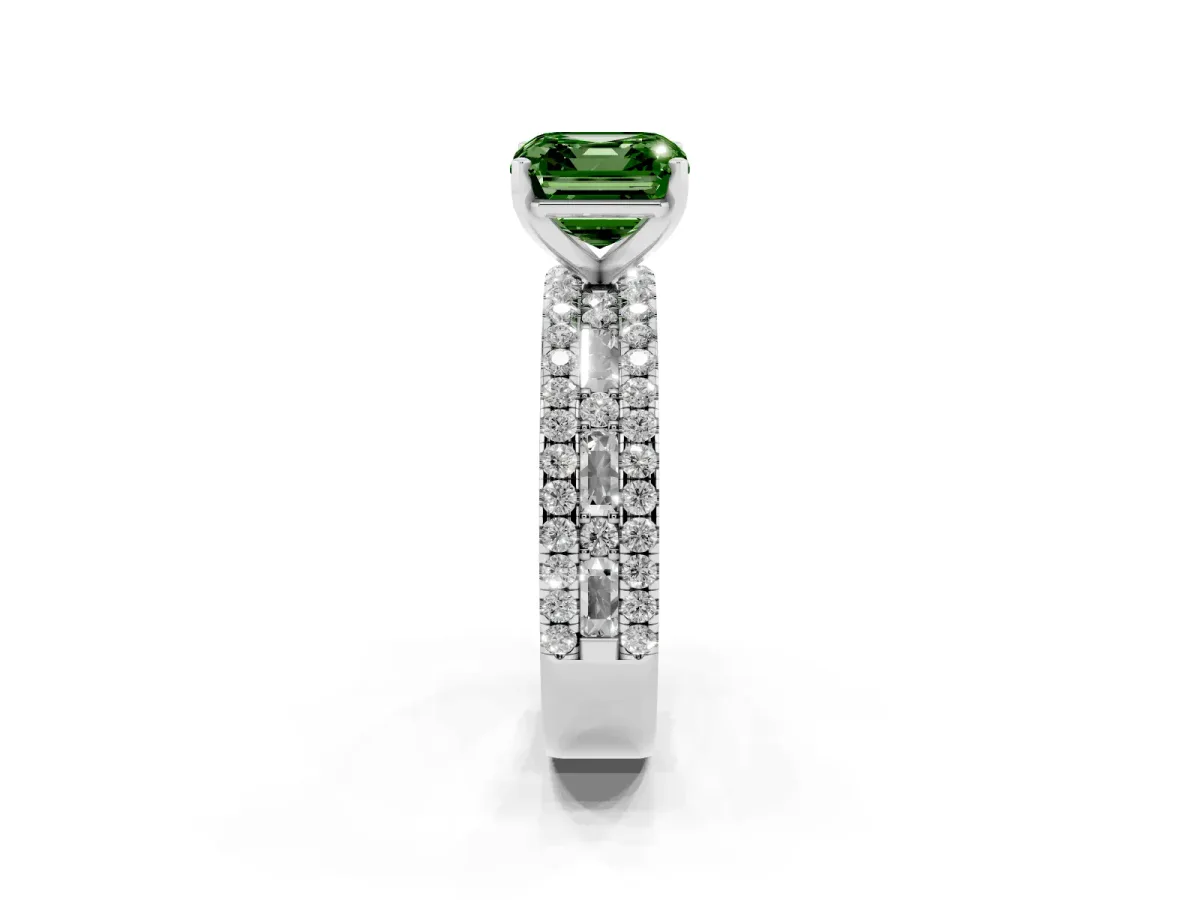 Fancy Green Asscher Cut Diamond Solitaire Ring with Pavé and Channel Set Band Silver