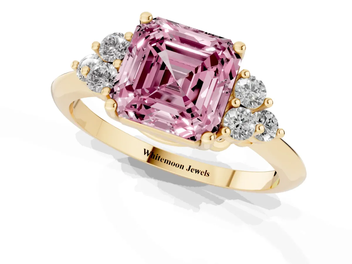 Fancy Pink Asscher Cut Cut Diamond Cluster Ring with Solitaire Band and Four-Prong Setting Yellow gold