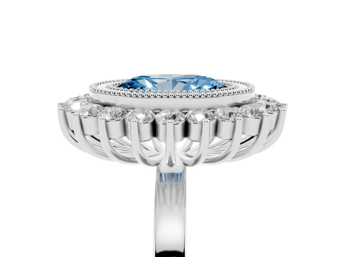 Fancy Blue Oval Cut Halo Diamond Ring with Milgrain Edge and Round Prong Setting Silver