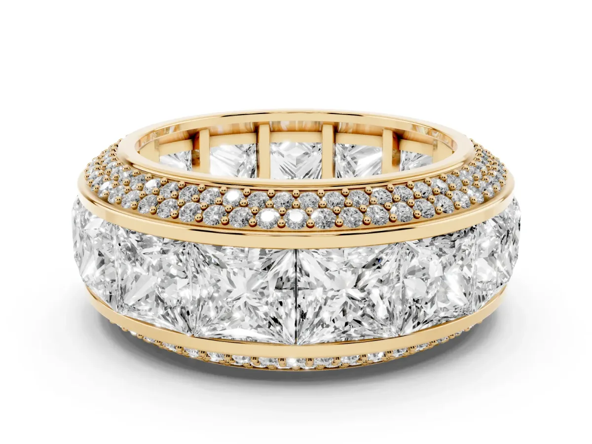 Princess Diamond Pavé Mens Wedding Band with Round Diamond Accents Yellow gold