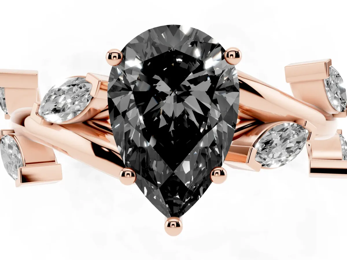 Fancy Black Pear Cut Solitaire Twisted Band Marquise Accent Prong Setting Ring Rose gold