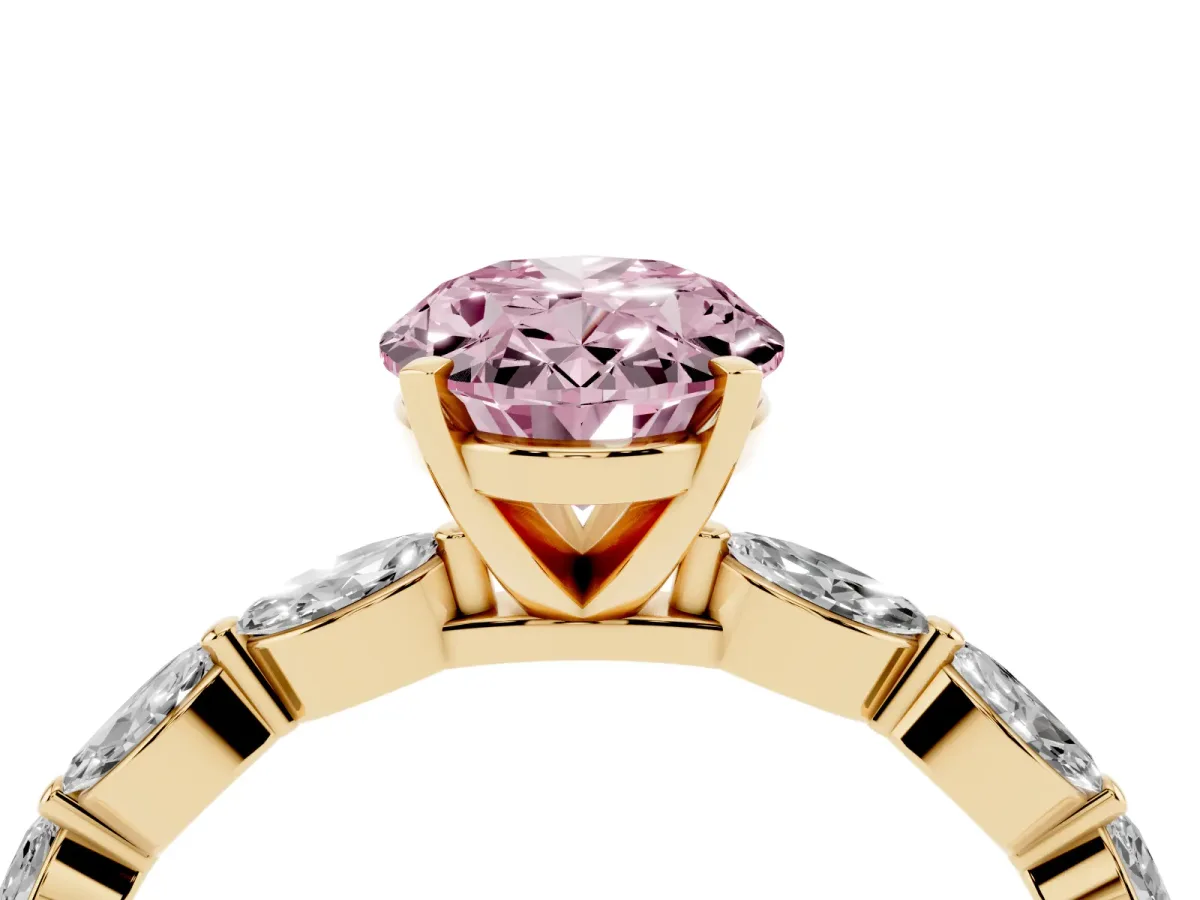 Fancy Pink Oval Cut Diamond Ring with Marquise Side Stones and Prong Setting Yellow gold