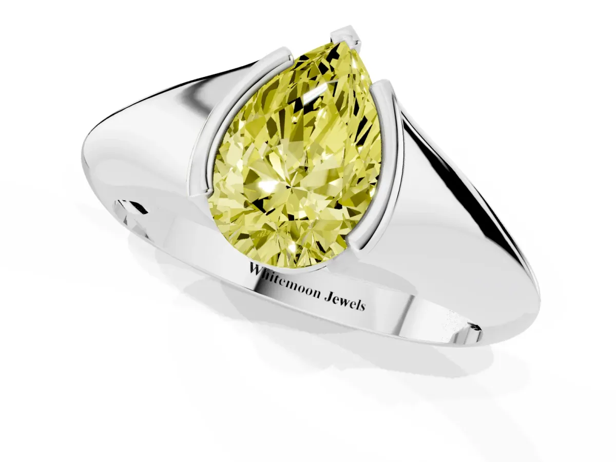 Fancy Yellow Pear Cut Solitaire Tension Set Diamond Ring Silver
