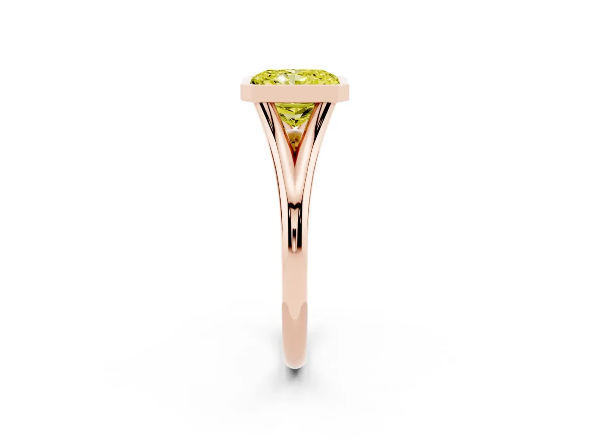 Fancy Yellow Bezel Set Radiant Cut Cut Solitaire Ring with Tapered Band Rose gold