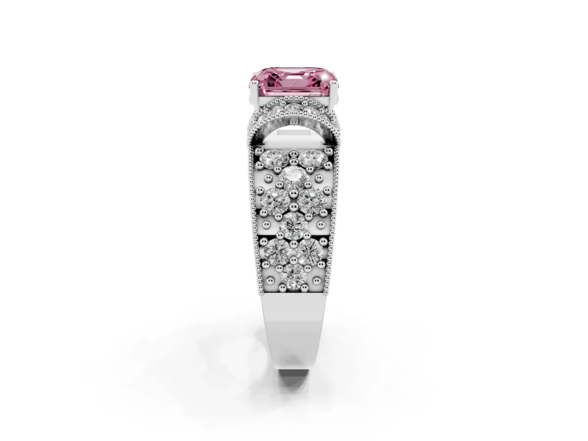 Fancy Pink Asscher Cut Halo Pave Diamond Engagement Ring with Milgrain Detailing Silver