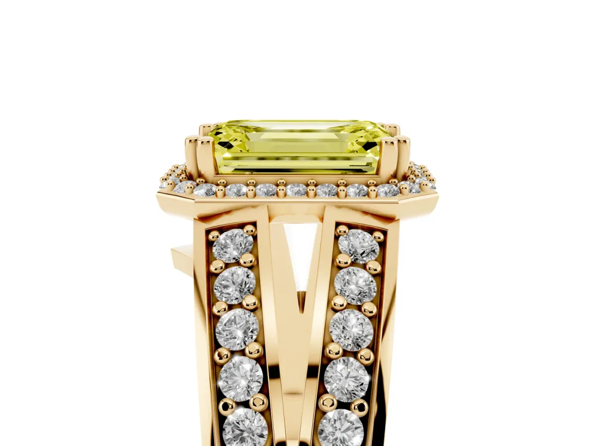 Fancy Yellow Emerald Cut Diamond Halo Ring with Split Shank Pavé Band and Four-Prong Setting Yellow gold